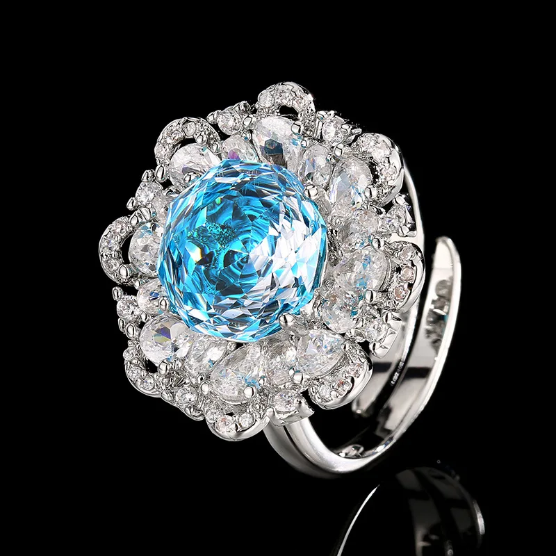 Millennium Cut 12-10mm Zircon Aqua White Gold Plated Blue Flower Big Necklace Earring Ring Jewelry Set Casual Fashion