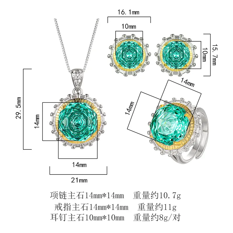 High Quality Zircon Millennium Cut 14-10mm round Jewelry Set White Gold Plated Retro Trendy Para Green