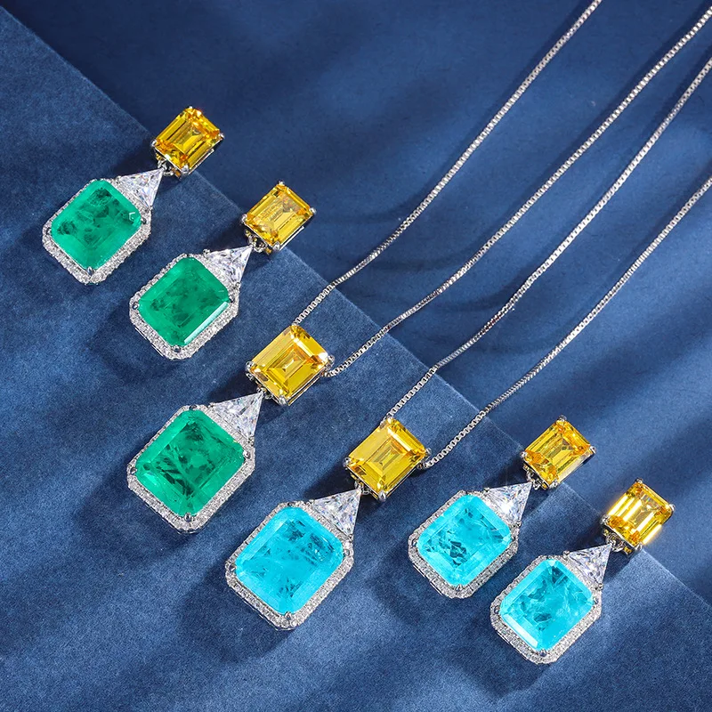 Paraiba Tourmaline Yellow White High Carbon Diamond Jewelry Sets Silver Alloy Earrings Pendant Necklace For Women Popular