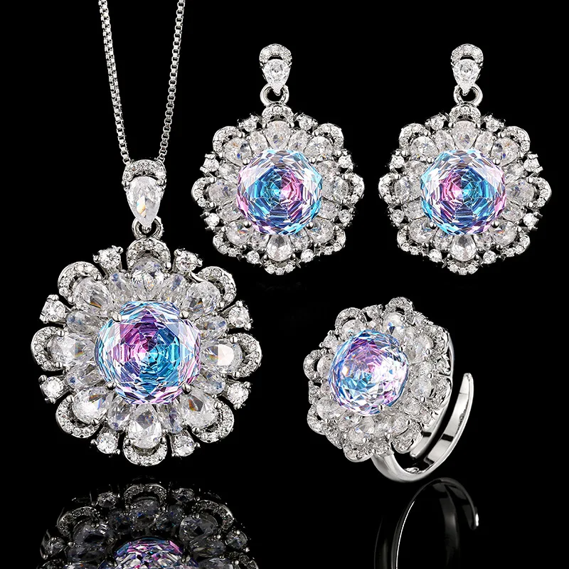 Millennium Cut 12-10mm High Quality Zircon Gradient White Gold Plated Flower Jewelry Set Bridal Wedding Trendy