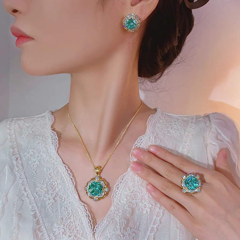 Para Green 16-14mm High Quality Zircon Vintage Brushed White Gold Plated Luxury Jewelry Set Retro Trendy