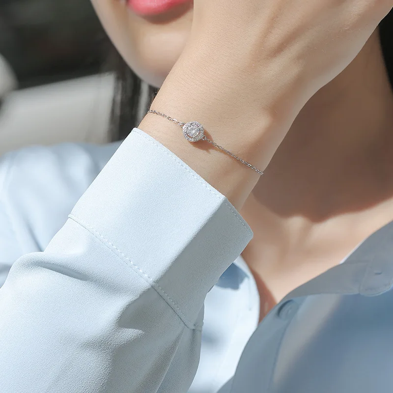 Brilliant 0.5ct Halo Round Cut Moissanite 17-20cm 925 Sterling Silver Original Bracelet For Women Popular Valentine's Gift