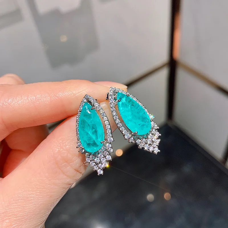 Graceful Drop Paraiba Tourmaline Set For Women Necklace Stud Earrings S925 Sterling Silver Jewelry Anniversary Gift Girlfriend