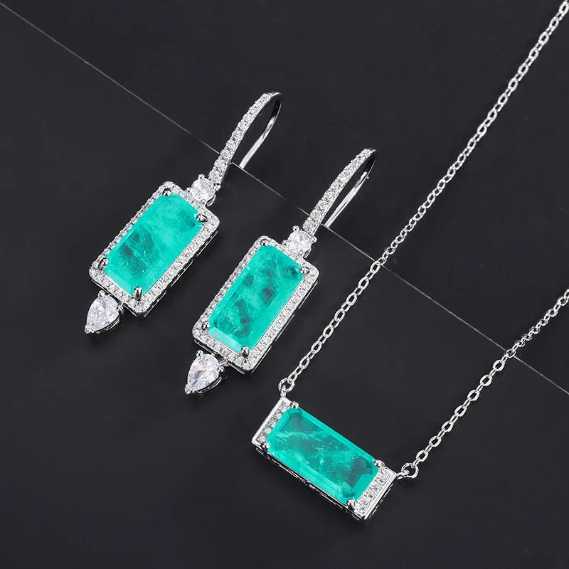 Paraiba Pendant Earrings Zircon Necklace Emerald Chain Gemstone Jewelry Set For Women Charm Luxury Elegance Banquet Party Gift