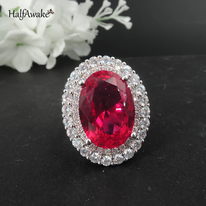 Hot Oval Emerald Paraiba Ruby Big Ring For Women Wedding Party Evening Dress Retro Gemstone Massive Zircon Around Fine Jewelry