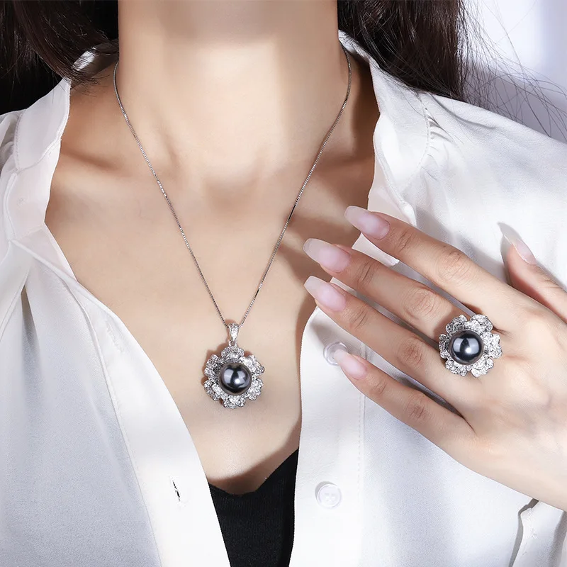 Elegant Artificial Gray Pearl Set 925 Silver Original Flower Pendant Necklace Earrings For Women Vintage Jewelry Anniversary
