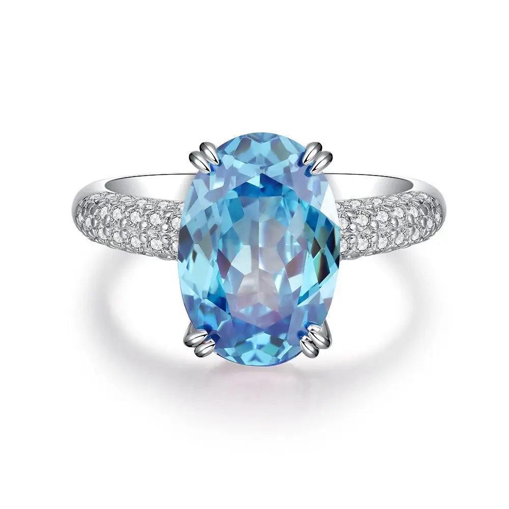 Oval Blue Gemstone Ring S925 Sterling Silver Fine Jewelry For Women Girl Emerald Cut  Lab Grown 5A Zircon High Carbon Diamond