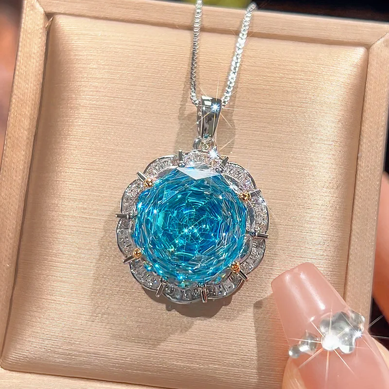 Rose Cut 16-10mm High Quality Zircon Aqua Blue White Gold Plated Elega