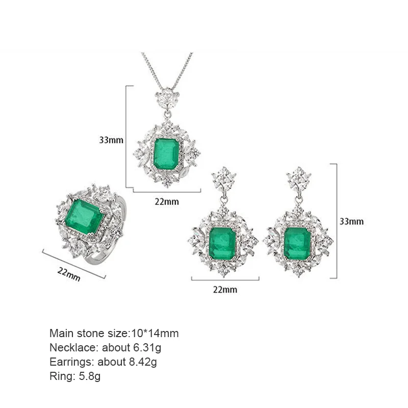Vintage Emerald Jewelry Sets Zircon Dainty Necklace Chain With Pendant Drop Earrings Antique Ring For Women Wedding Anniversary