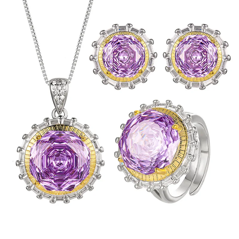 Millennium Cut 14-10mm High Quality Zircon Violet White Gold Plated Round Jewelry Set Party Gift Fashion