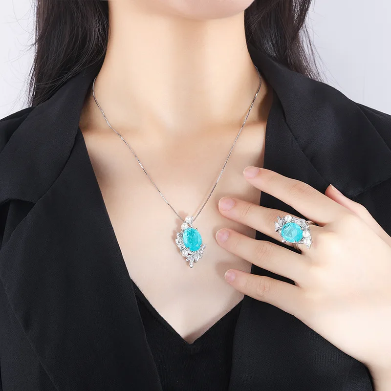Sparkling Cubic Zirconia Paraiba Tourmaline Luxury Designer Jewelry Set For Women Pendant Necklace Ring Anniversary Gift Girl