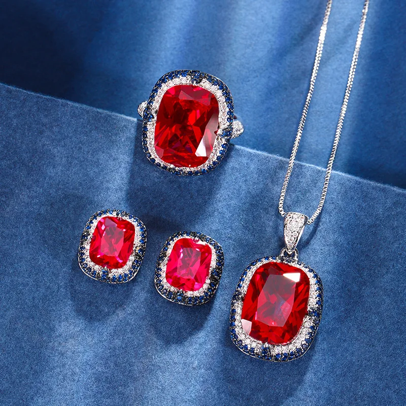 Jewelry Ruby Vintage Luxury Charm Personality Necklace Ring Earring Set For Women Main Stone 12 * 16-8 * 10 Zricon Wedding Party