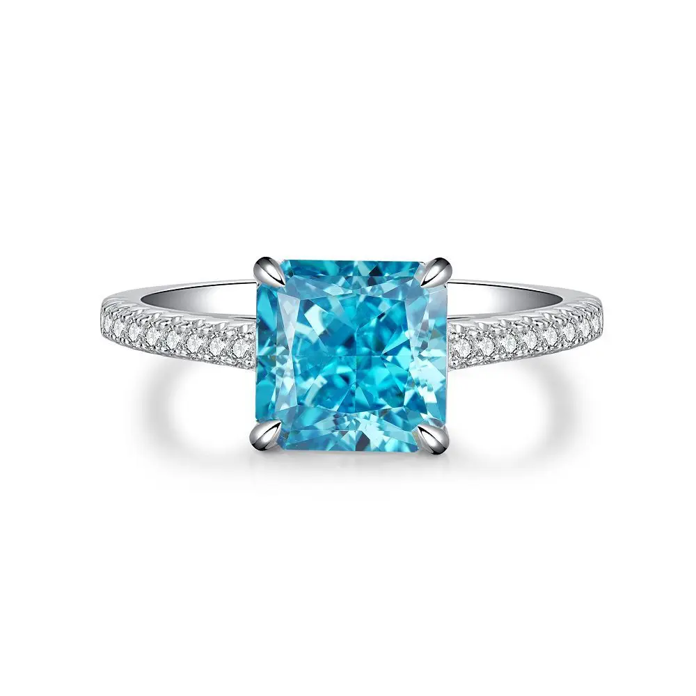 Oval Blue Gemstone Ring S925 Sterling Silver Fine Jewelry For Women Girl Emerald Cut  Lab Grown 5A Zircon High Carbon Diamond