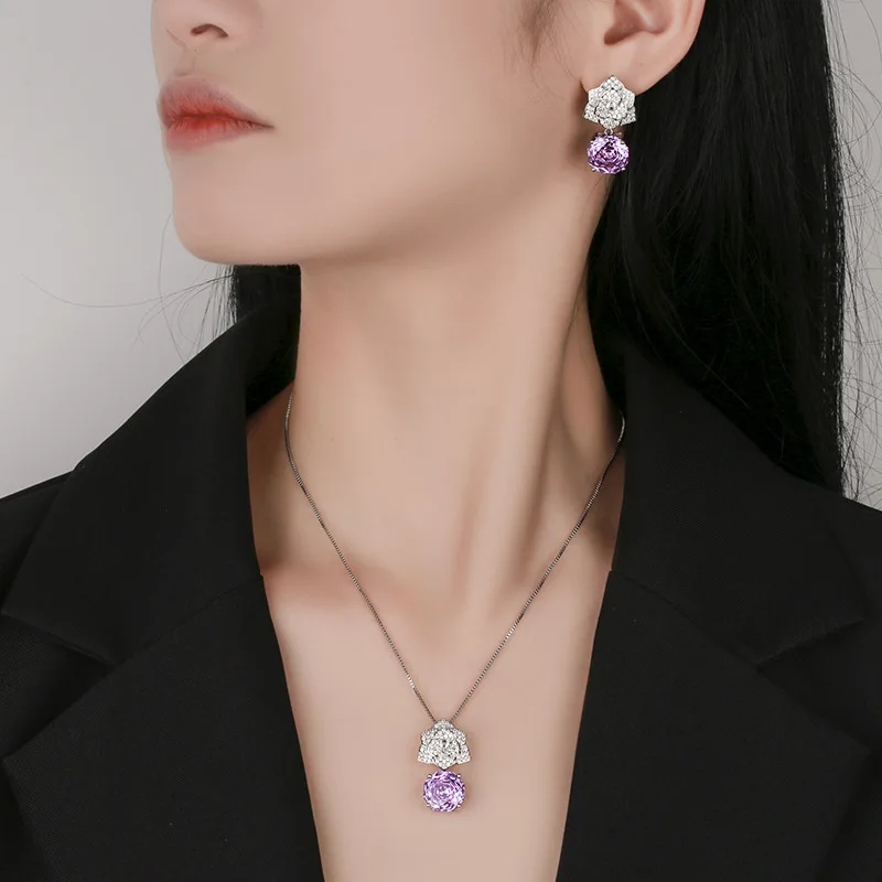 Rose Cut 12mm High Quality Zircon Violet Petal Pendant White Gold Plated Jewelry Set Wedding Party Fashion