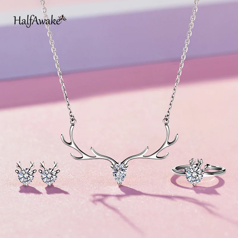 Delicate 925 Sterling Silver Jewelry Set Original Zircon Antler Elk Pendant Necklace Ring Earrings For Women Christmas Gift Gril