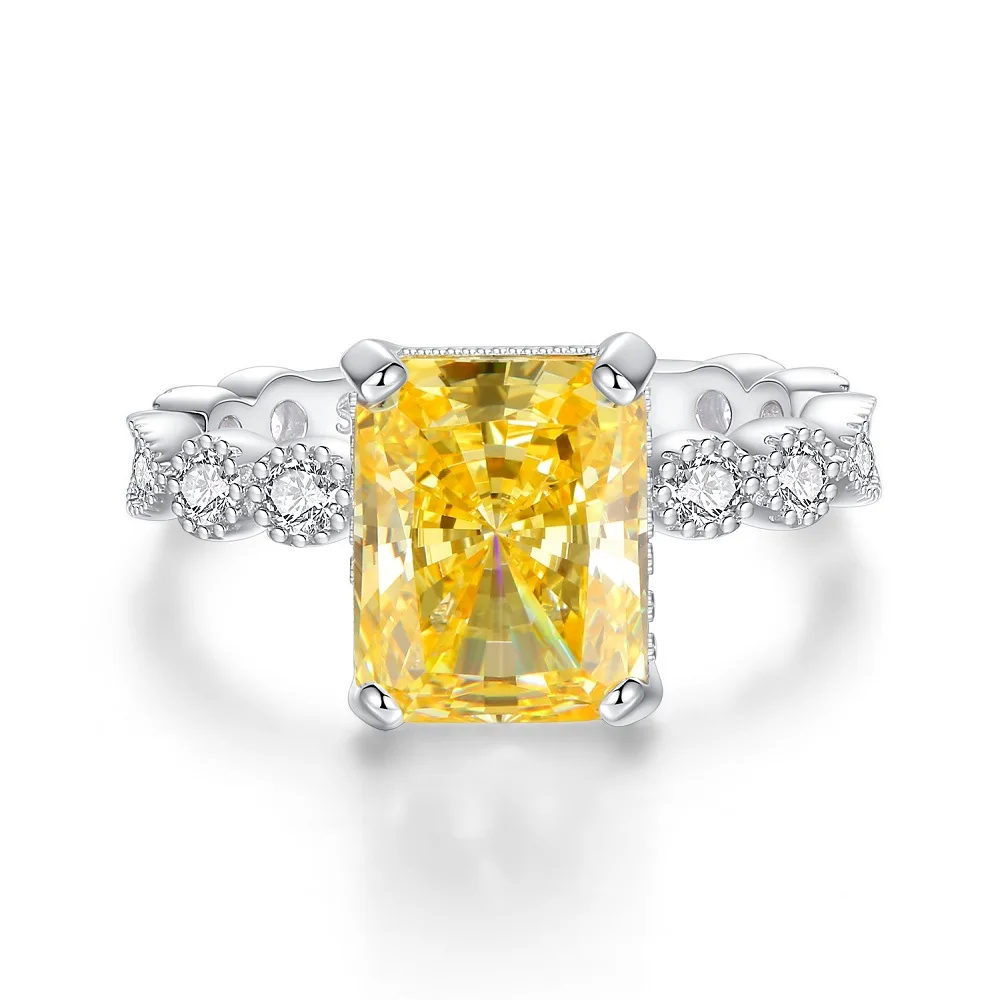 Yellow 5A Zircon S925 Sterling Silver Square Radiant Cut Ring For Women Girl Ice Flowers Wedding Ring Luxury Fine Jewelry Gift