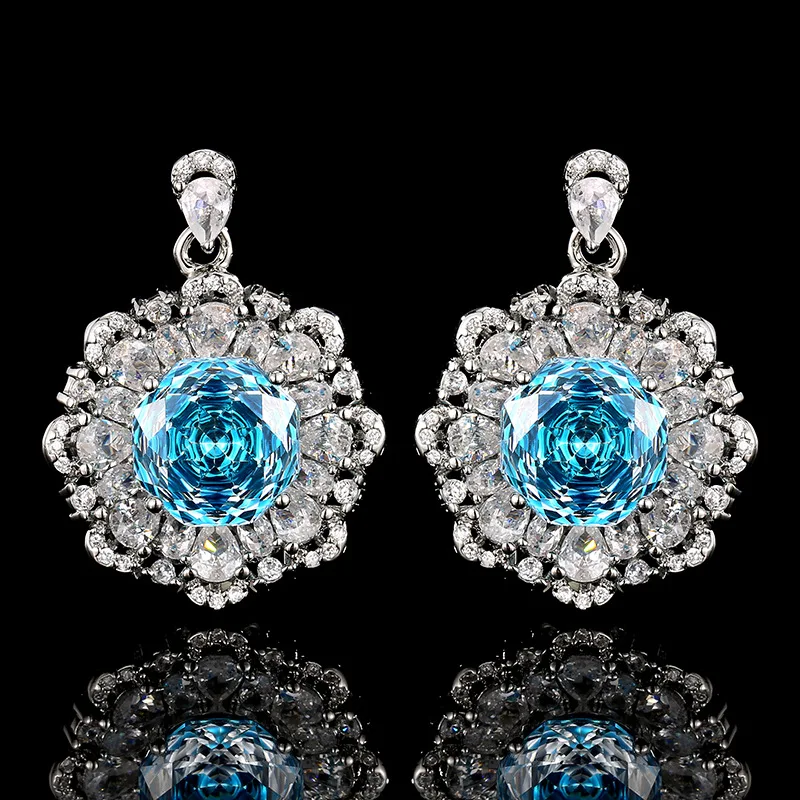 Millennium Cut 12-10mm Zircon Aqua White Gold Plated Blue Flower Big Necklace Earring Ring Jewelry Set Casual Fashion