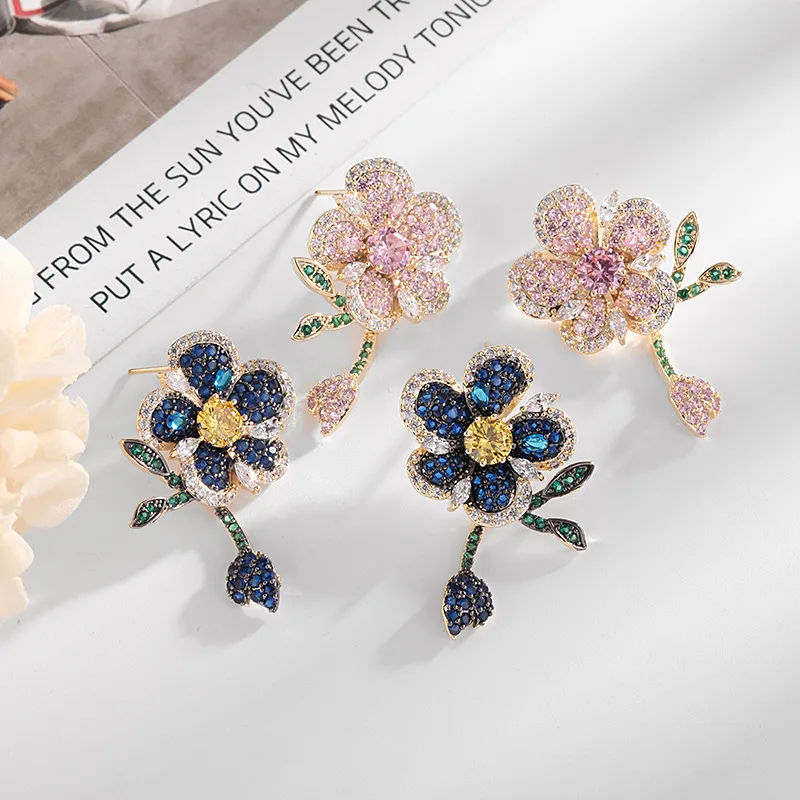 Korean Style HQD Full Zircon Flower Smart Leaf Earrings For Women Female Real Ag Needle Gothic Stud Earrings New Trend