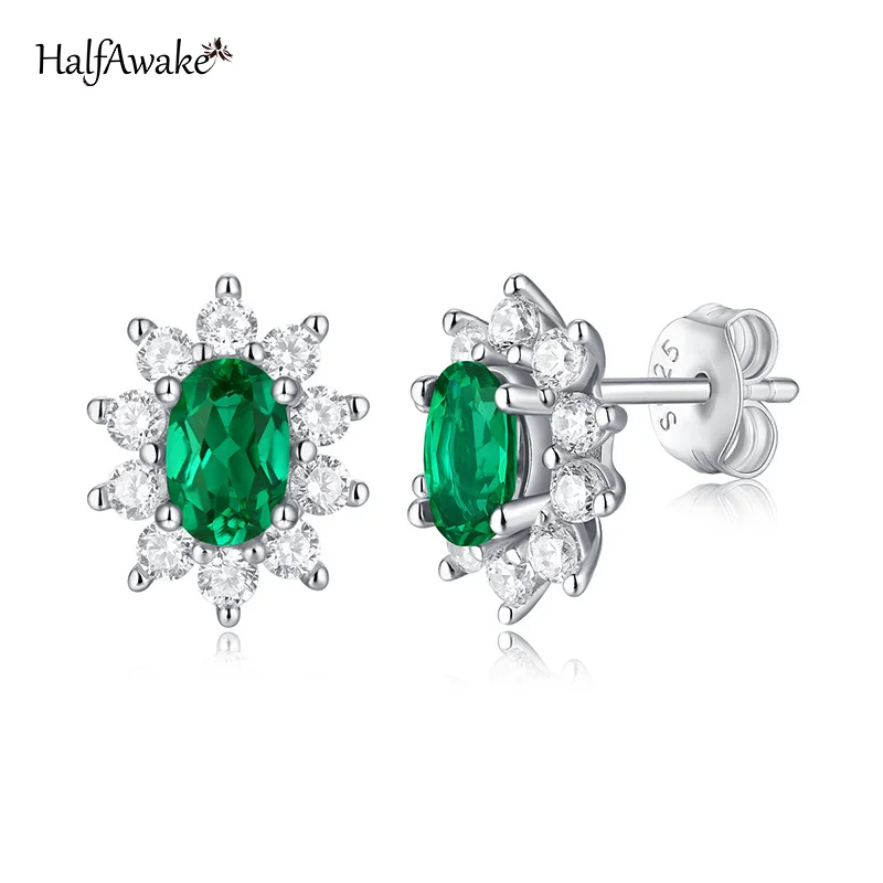 Delicate Lab Created Emerald S925 Sterling Silver Flower Stud Earrings