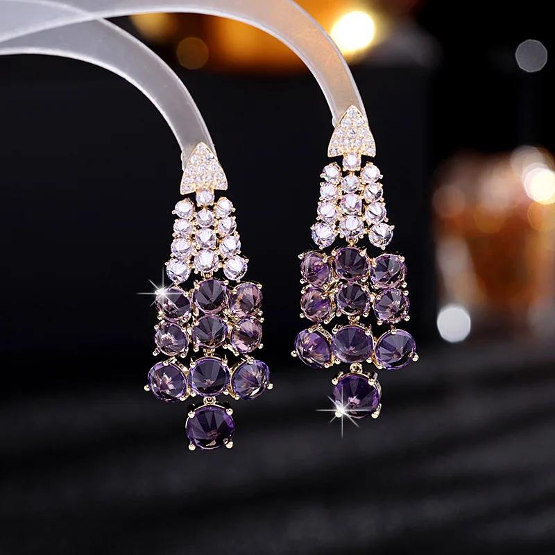 Colorful Grape Bunch Zircon Drop Earring For Women Wedding Evening Party Gift Silver Plated Needle Long Tassel Earrings Jewelry