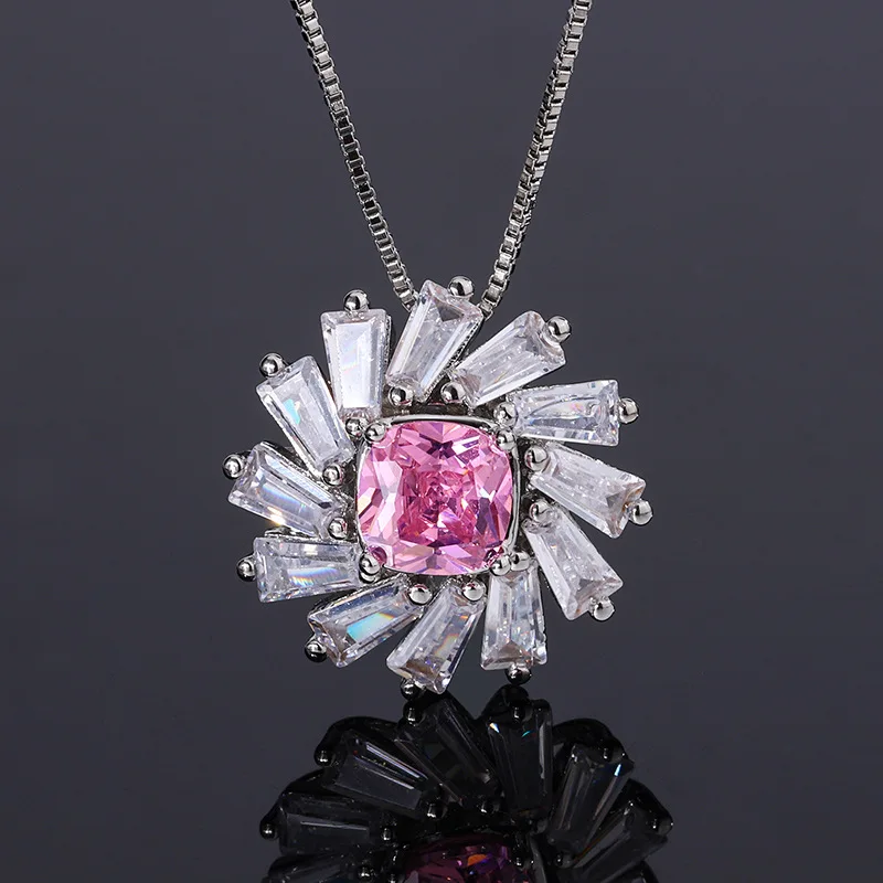 Beautiful Jewelry Set Fashion Pink Flower Pendant Necklace Zircon Rings For Women Small Earrings Cute Charm Valentine's Day Gift