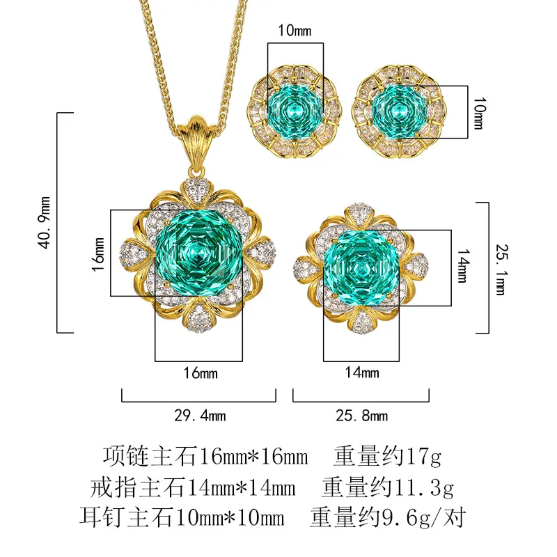 Para Green 16-14mm High Quality Zircon Vintage Brushed White Gold Plated Luxury Jewelry Set Retro Trendy