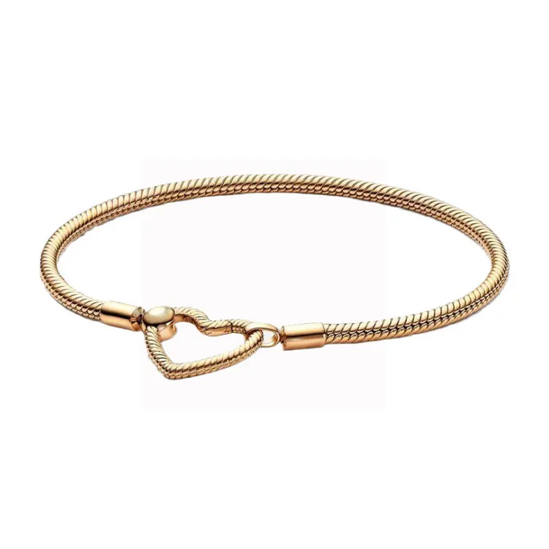 S925 Sterling Silver Jewelry Two-tone Logo T-bar Moments Heart Closure Snake Chain Bracelet For Women Men Luxury Charms Original