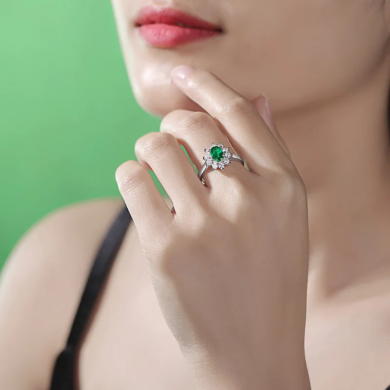 Elegant Flower Lab Created Oval Emerald Resizable Women's Finger Ring Popular 925 Sterling Silver Birthday Gift Girlfriend