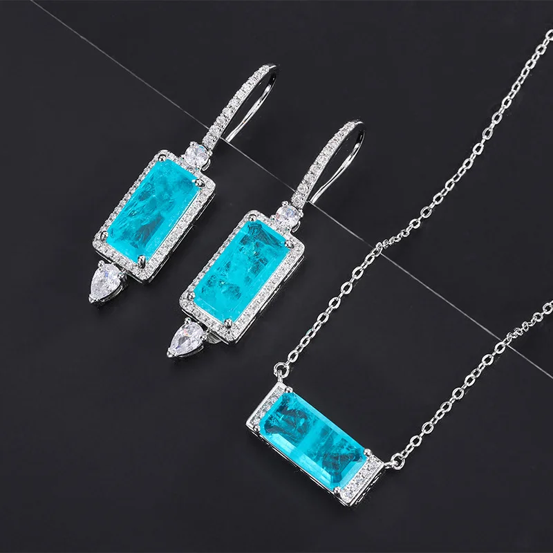 Paraiba Pendant Earrings Zircon Necklace Emerald Chain Gemstone Jewelry Set For Women Charm Luxury Elegance Banquet Party Gift