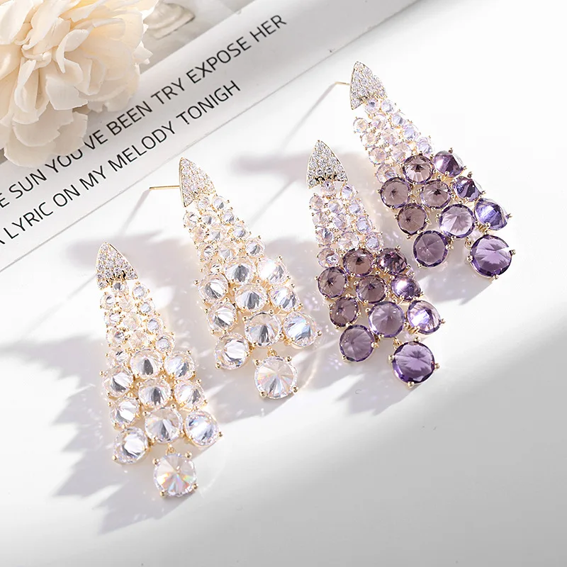 Colorful Grape Bunch Zircon Drop Earring For Women Wedding Evening Party Gift Silver Plated Needle Long Tassel Earrings Jewelry