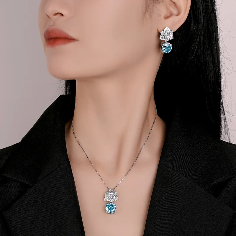 Rose Cut 12mm High Quality Zircon Aqua Petal White Gold Plated Pendant Jewelry Set Bridal Trendy Elegant