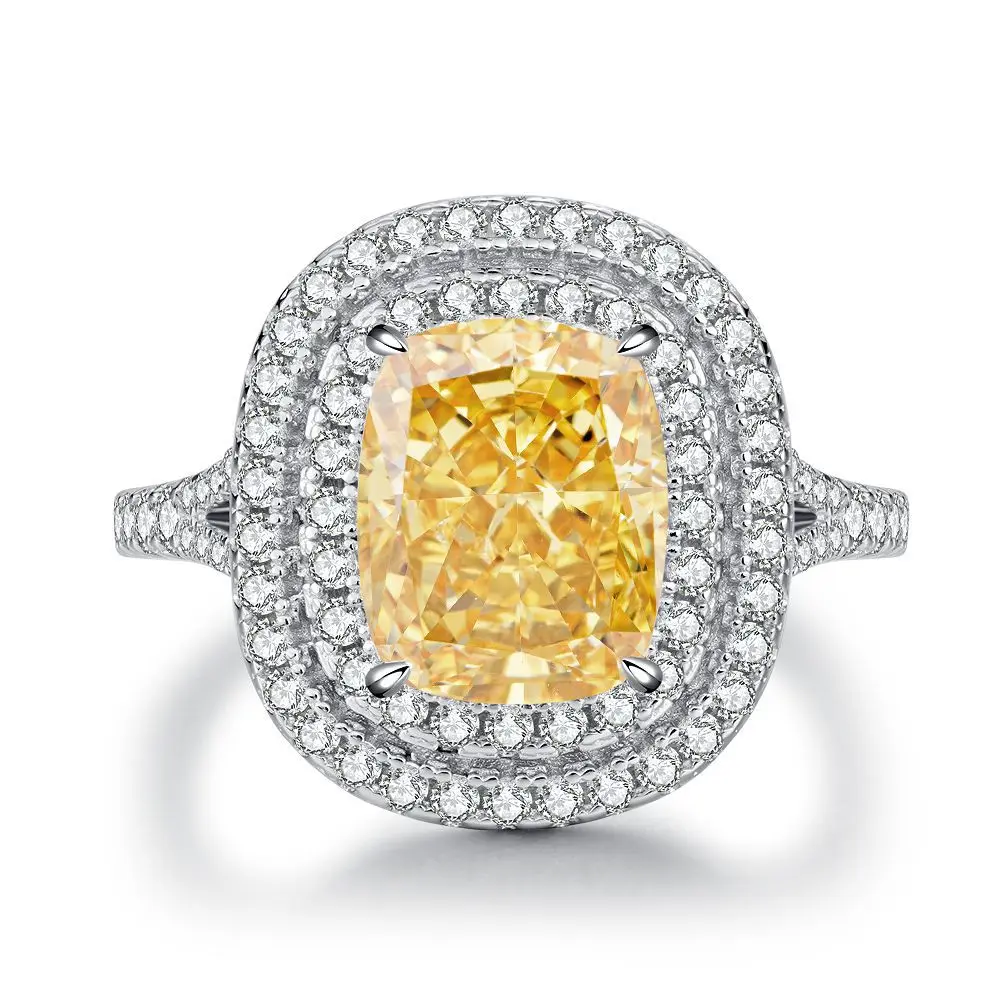 Yellow 5A Zircon S925 Sterling Silver Square Radiant Cut Ring For Women Girl Ice Flowers Wedding Ring Luxury Fine Jewelry Gift