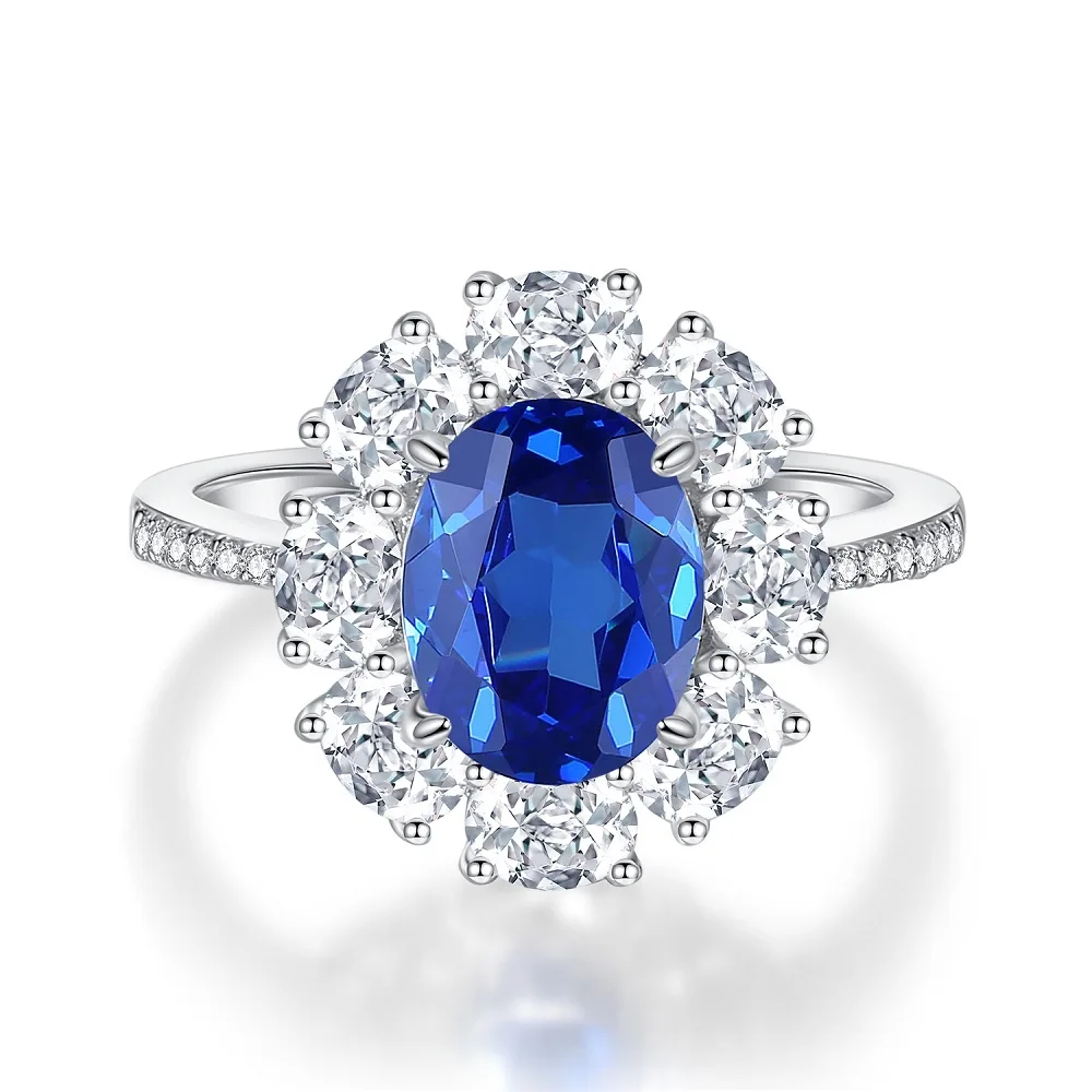 Oval Blue Gemstone Ring S925 Sterling Silver Fine Jewelry For Women Girl Emerald Cut  Lab Grown 5A Zircon High Carbon Diamond
