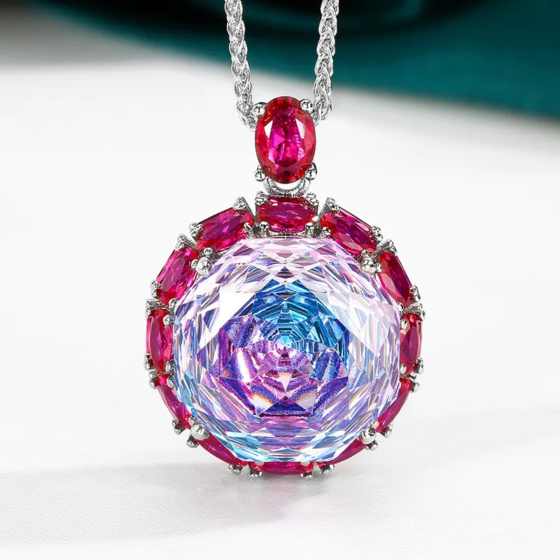 18mm Big Blue Pink Zircon Diamond Jewelry Set For Women Girl  Sparkling Rose Cut Stone Necklace Adjustable Ring Wedding Gift