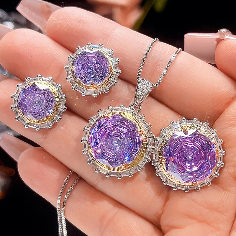 Millennium Cut 14-10mm High Quality Zircon Violet White Gold Plated Round Jewelry Set Party Gift Fashion