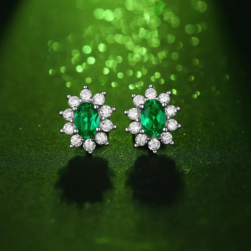 Delicate Lab Created Emerald S925 Sterling Silver Flower Stud Earrings For Women Popular Vintage Jewelry Anniversary Gift