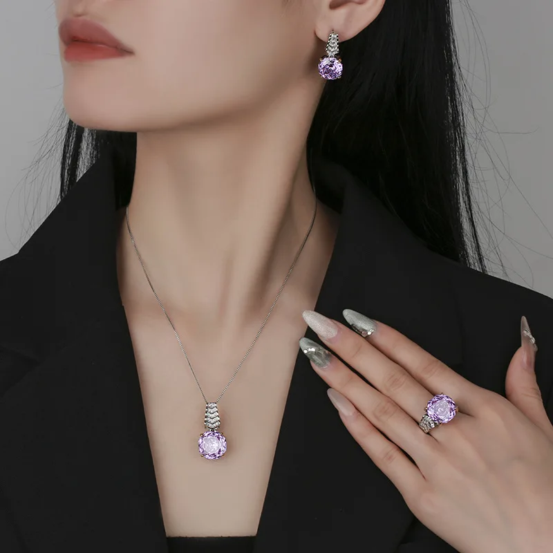 Rose Cut 14-12mm High Quality Zircon Violet White Gold Plated Elegant Luxury Jewelry Set Trendy Statement