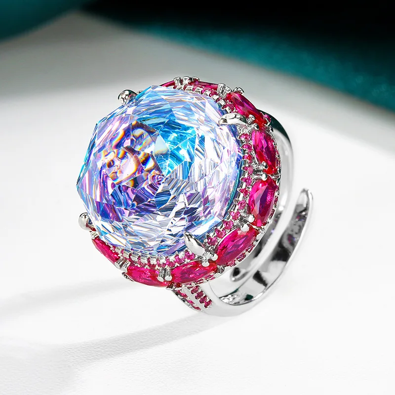 18mm Big Blue Pink Zircon Diamond Jewelry Set For Women Girl  Sparkling Rose Cut Stone Necklace Adjustable Ring Wedding Gift