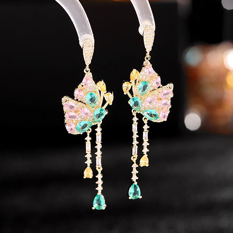 Ethnic Style Colorful Zircon Butterfly Earrings For Women Ladies Wedding Evening Dinner Long Tassel Silver Plated Needle Jewelry