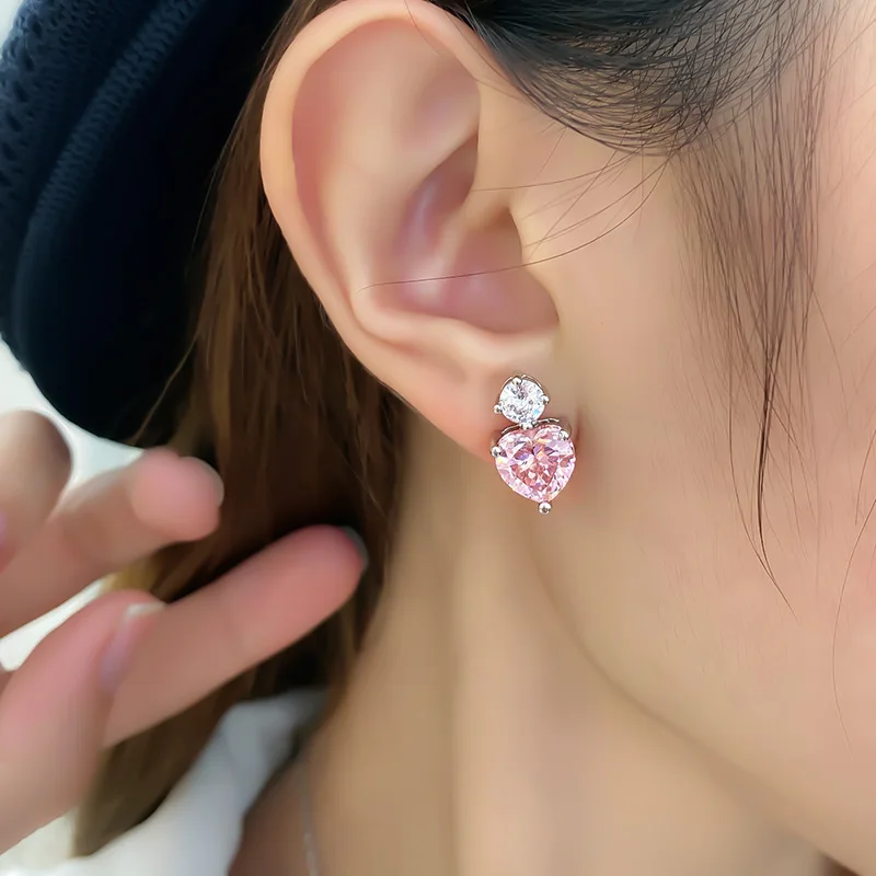 Romantic Pink Heart High Carbon Diamond S925 Silver Jewelry Set Pendant Necklace Earrings For Women Luxury Valentine's Day Gift