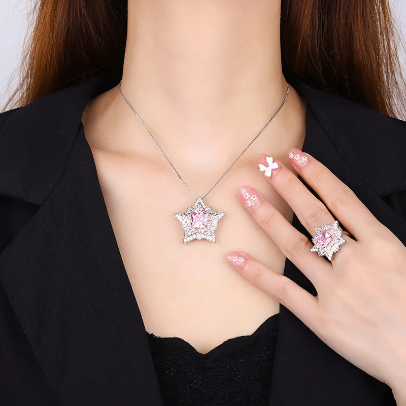 Rhinestones Smart Star Flower Necklace Female Pink Diamond Pentagram Ring Luxury Topaz Zircon Ring Charms Jewellery Women