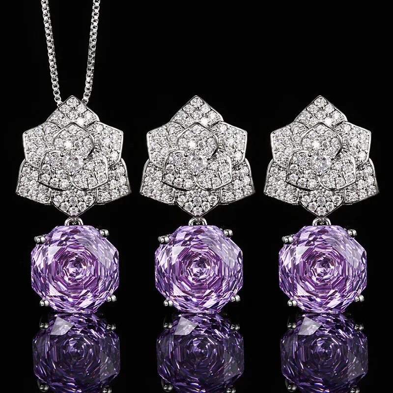 Rose Cut 12mm High Quality Zircon Violet Petal Pendant White Gold Plated Jewelry Set Wedding Party Fashion