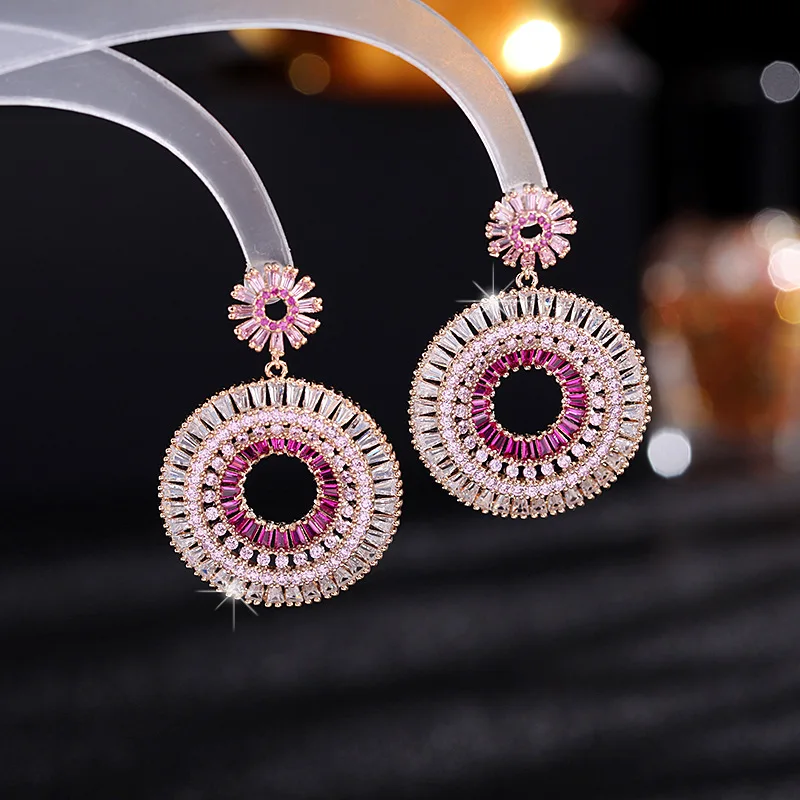 Delicate Pink Blue Hoop Round Cubic Zirconia Stud Earrings For Women S925 Silver Needle Piercing Popular Party Accessories