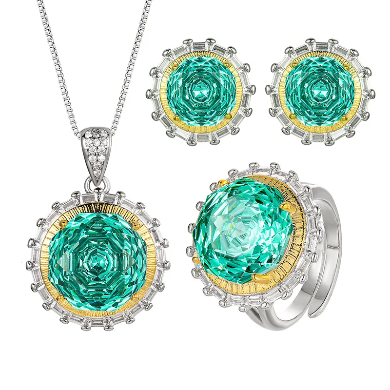 High Quality Zircon Millennium Cut 14-10mm round Jewelry Set White Gold Plated Retro Trendy Para Green