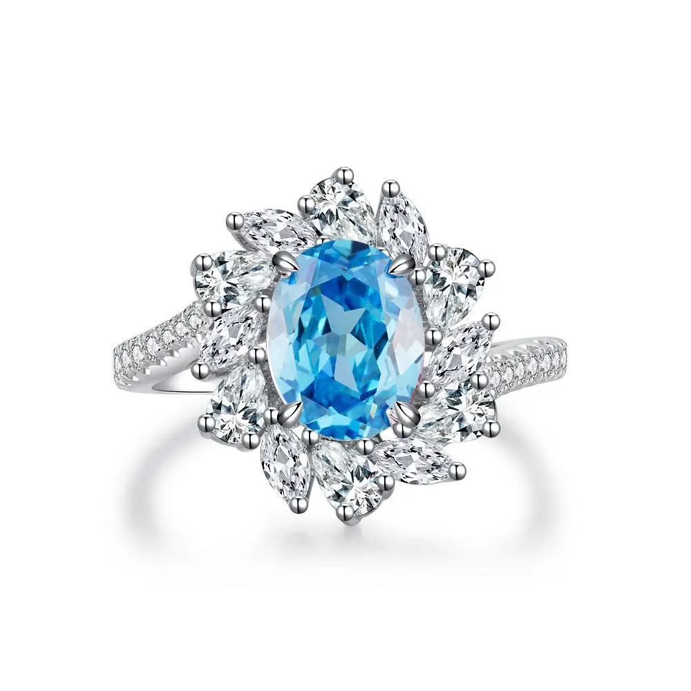 Oval Blue Gemstone Ring S925 Sterling Silver Fine Jewelry For Women Girl Emerald Cut  Lab Grown 5A Zircon High Carbon Diamond