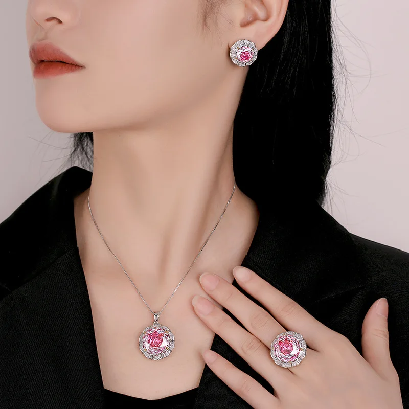 Rose Cut 16-10mm High Quality Zircon Dragon Fruit Color White Gold Plated Elegant Jewelry Set Party Fashion