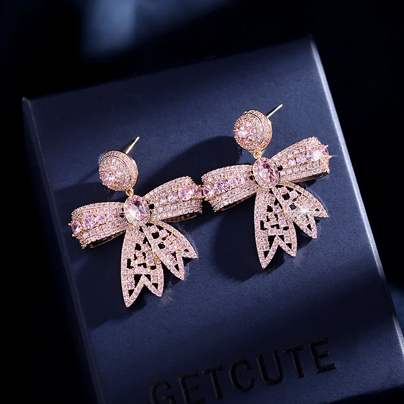 Pink Red Cubic Zirconia Bowknot Stud Earrings for Women S925 Silver Needle Valentine's Day Gift