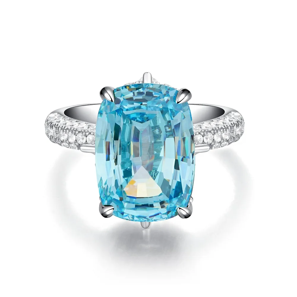 Oval Blue Gemstone Ring S925 Sterling Silver Fine Jewelry For Women Girl Emerald Cut  Lab Grown 5A Zircon High Carbon Diamond