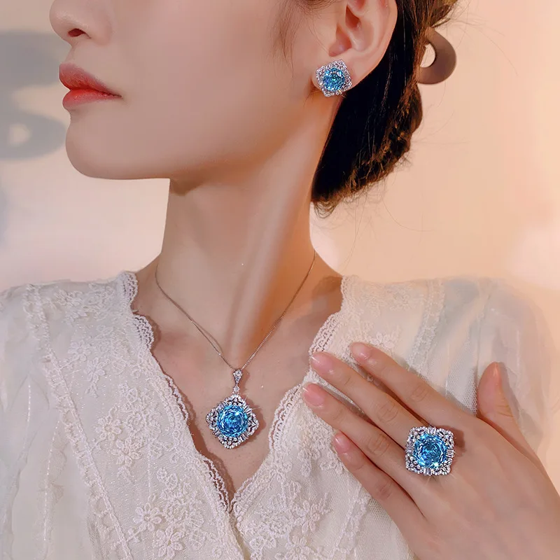 Millennium Cut 16-10mm High Quality Zircon Aqua Blue White Gold Plated Elegant Jewelry Set Party Trendy