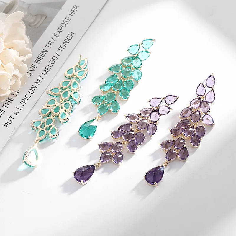 Fashion Tassel Green Purple Smart Leaf Zircon Earrings For Women Wedding Evening Dress Accessories Silver Plated Needle Jewelry